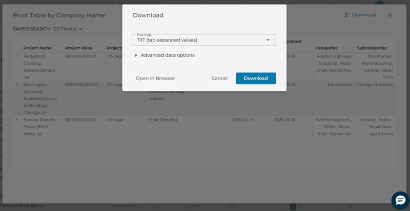 Analytics Lead Generation Company List Download Formats Drop-Down Menu