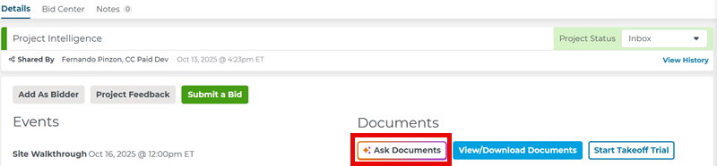 Ask Documents Button on Project Details Page