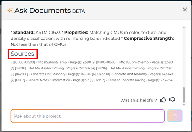 Ask Documents Sources Section in Chat Window