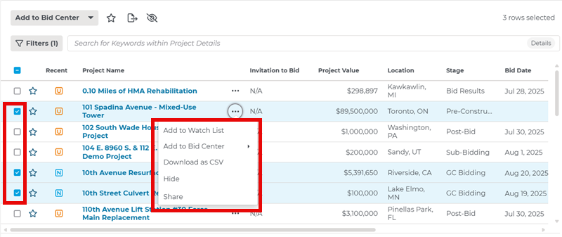 Project Intelligence Search Results Select Bulk Actions