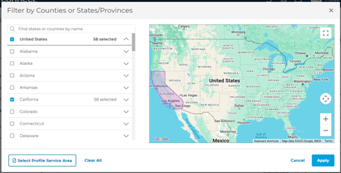 Project Intelligence State and Counties Map View State Selected