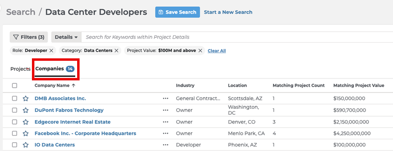 Project Intelligence Search Window Companies Results Selected