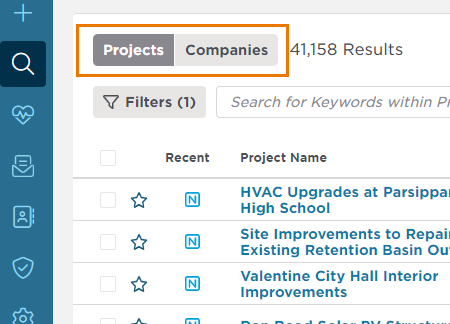 Project Intelligence Project and Company Filter Buttons