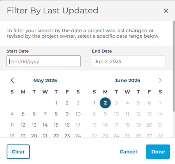Project Intelligence Last Updated Custom Date Ranges Menu