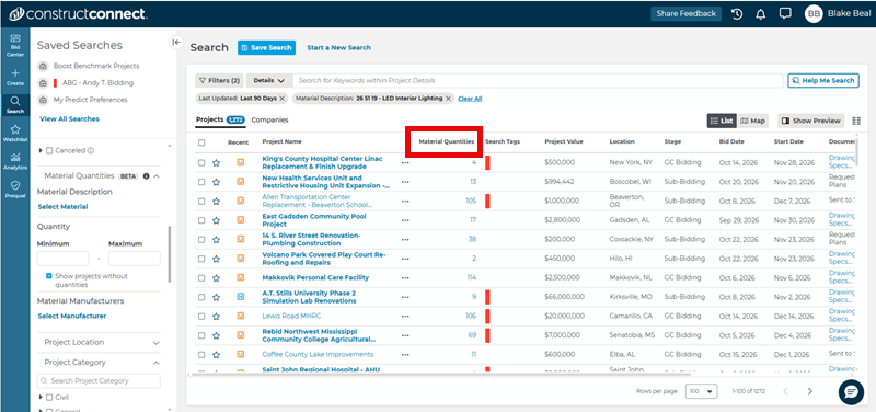 Material Counts Visible in Search Results