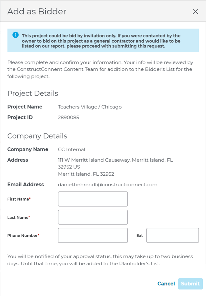 Project Intelligence Project Details Page Add as Bidder Form