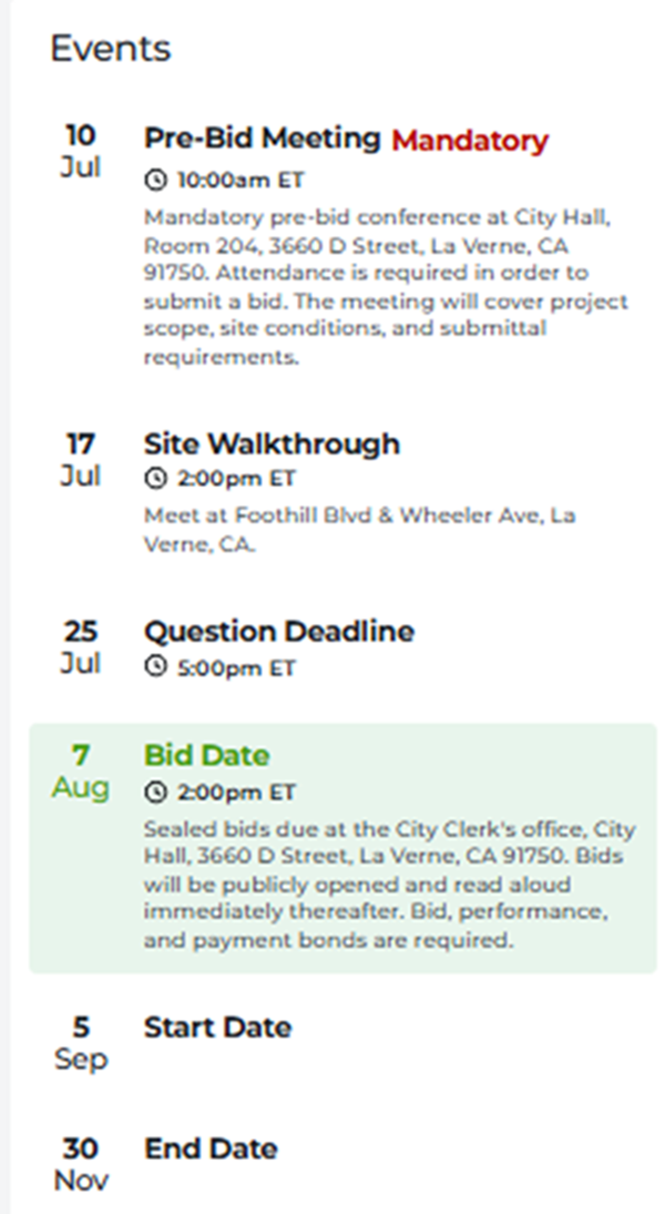 Project Intelligence Project Details Page Event Dates and Details