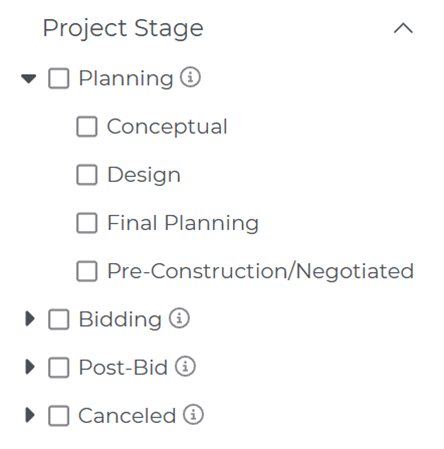 Project Intelligence Project Stage Filters Menu