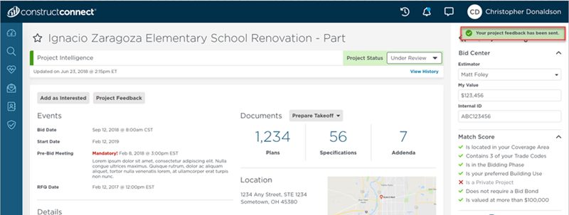 Project Intelligence Project Feedback Notification Message