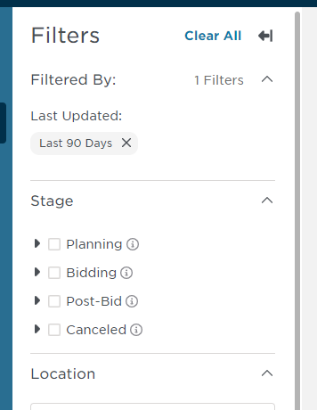 Project Intelligence Project Filters Menu