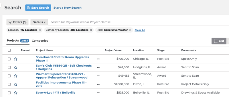 Project Intelligence Search Page Projects Results Selected
