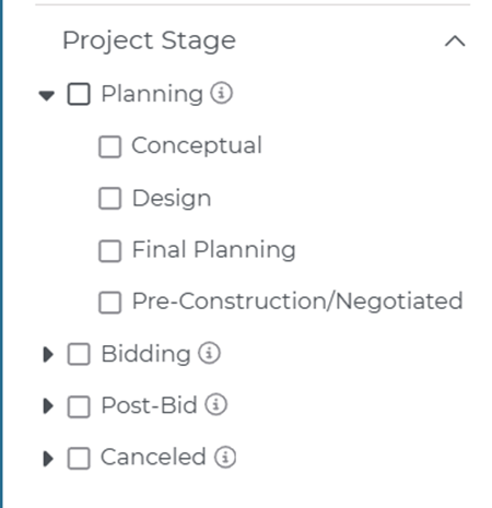 Project Intelligence Project Stage Filters Menu