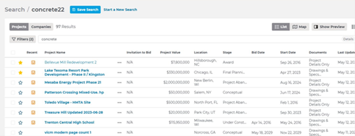 Project Intelligence Save and Start New Search Buttons