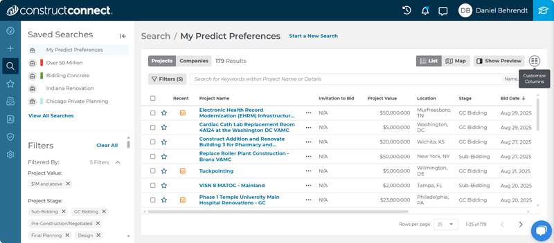 Project Intelligence Search Results Customize Columns