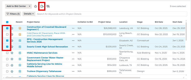 Project Intelligence Search Results Export Tab Multiple Projects Selected