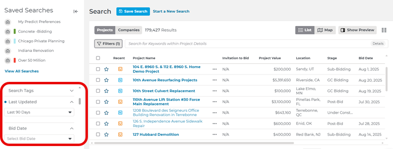 Project Intelligence Project Filters Search Results Page