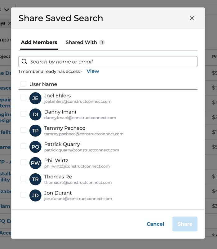 Share Search with Modal with Remove Options View