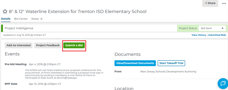 Project Intelligence Submit a Bid Button