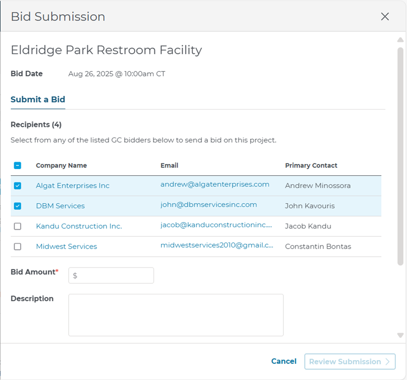 Project Intelligence Submit a Bid Flyout Menu