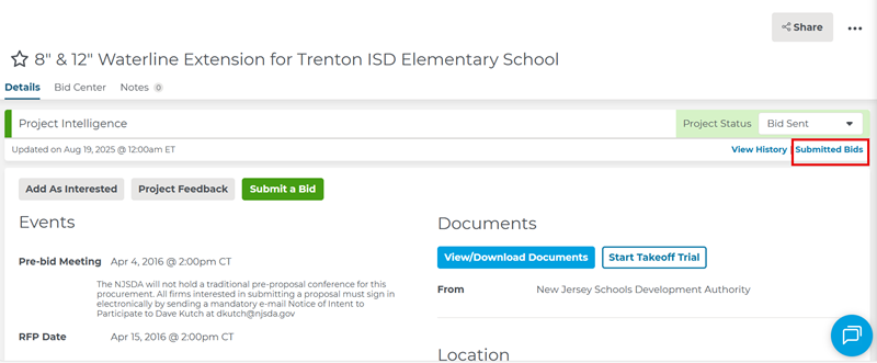 Project Intelligence Bids Submitted Button