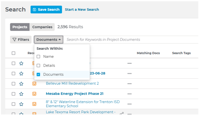 Project Intelligence Search Within Dialog Box