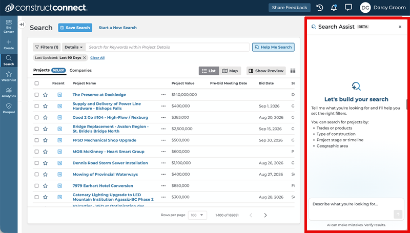 Empty Search Assist Query for New Search in Project Intelligence