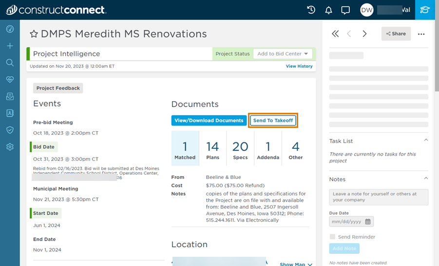 CCPI Project Details Page showing Send to Takeoff button