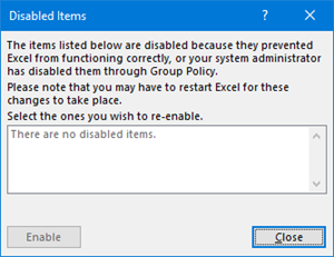 Excel disabled Add-ins list