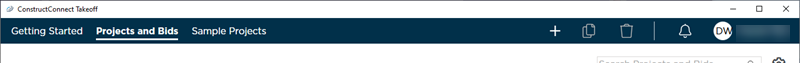 ConstructConnect Takeoff Projects and Bids List - main application toolbar