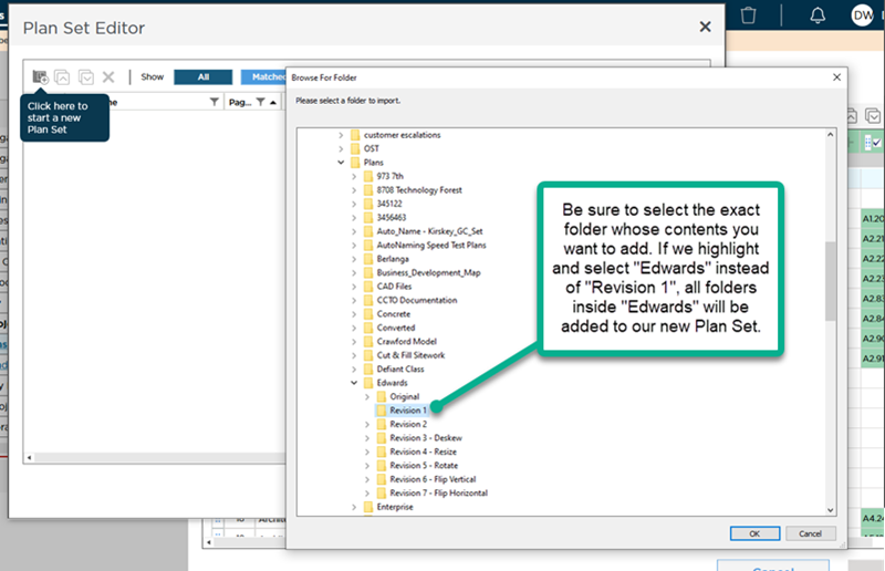 Plan Set Editor with browser for folder dialog box open