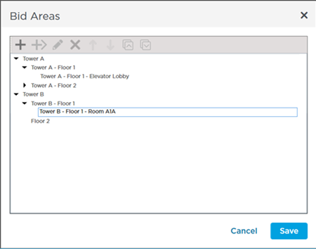 bid areas dialog box adding a child area