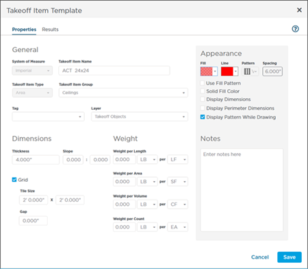 Takeoff Item Template Properties dialog box