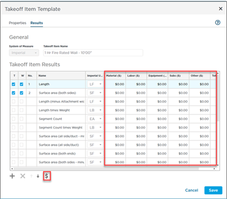 Takeoff Item Template Properties - Results tab with Pricing visible