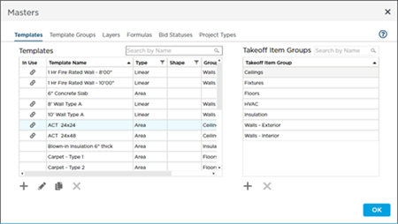 Takeoff Items Template tab in Masters dialog box