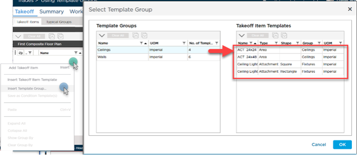 Takeoff Item Templates within a Template Group