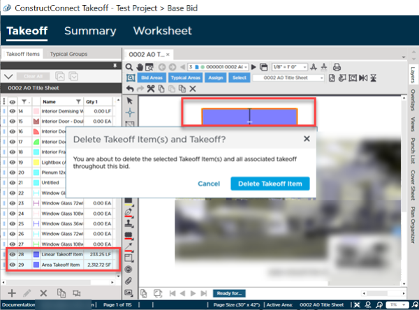 Confirm deleting Takeoff Items
