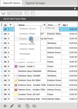 Takeoff Items Pane Takeoff Item Group Filter control open, Floor highlighted