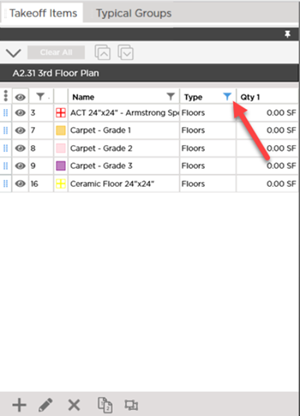 Takeoff Items Pane filtered to show only Takeoff Item Group = Floor