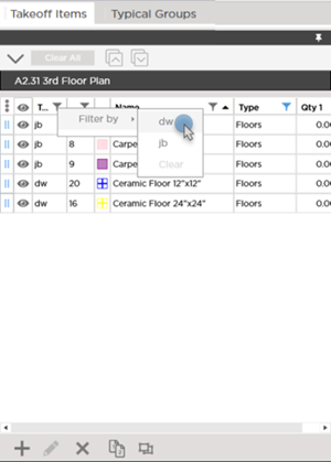 Takeoff Items Pane Takeoff Item Tag Filter control open, dw highlighted