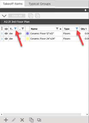 Takeoff Items Pane filtered to show only Takeoff Item Type = Floor and Tage = dw