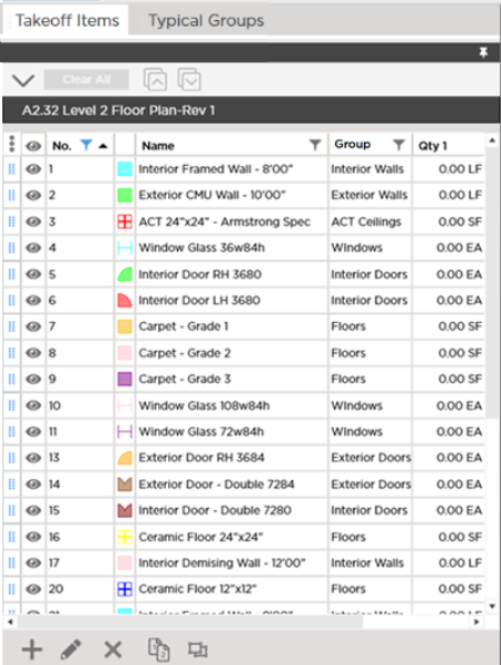 Takeoff Items Pane - before filtering by Tag