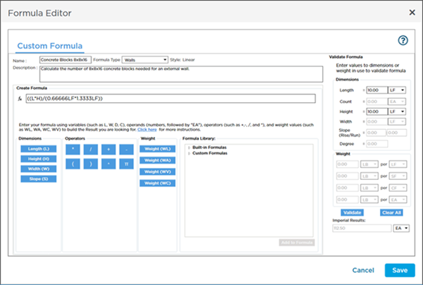 Formula Editor - Calculate concrete blocks from a linear measurement