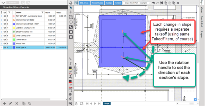 when drawing slope, each section that runs in a different direction must be drawn separately