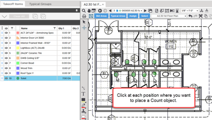 click to place a count object on the plan