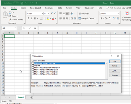 Excel COM Add-ins panel showing launch error