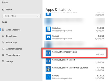 Windows Apps and Features list showing CC Live Link