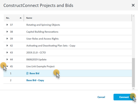 CCTO Excel Live link project and bid list  Connect button active