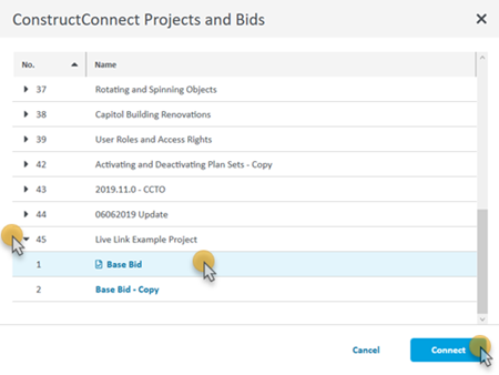 CCTO Excel Live link project and bid list, Connect button active