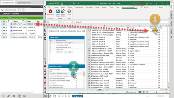 Excel Live Link Takeoff Item Results compared to CC-Takeoff's Condition List