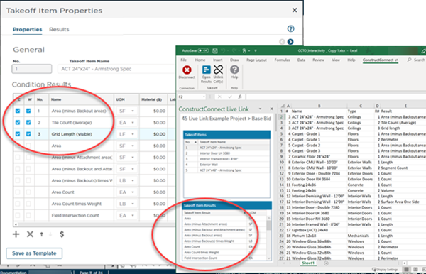 Excel Live Link Takeoff Item Results compared to CC-Takeoff's Condition List